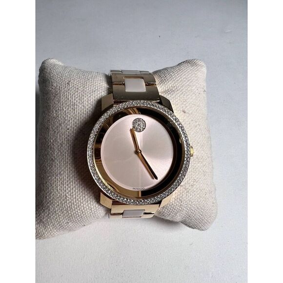 Movado Swiss Watch Yellow Gold Stainless Steel Case w/ Crystal Pave Bezel Quartz - Picture 2 of 4